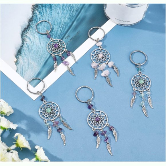 Dreamcatcher Keychain Crystal Glass Gemstone Feathers Silver Keyring Purple NEW - Picture 9 of 10